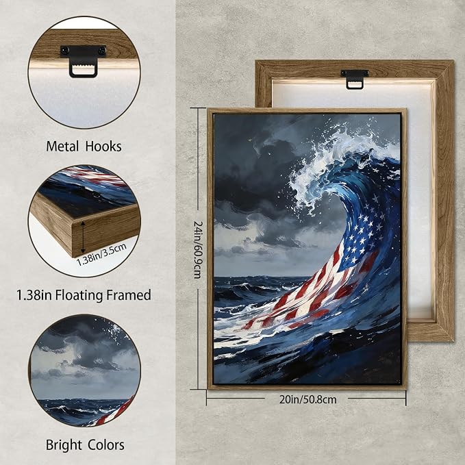 American Flag Framed Canvas Wall Art, 4th of July Patriotic Canvas Prints | USA Flag Ocean Waves Abstract Poster Print, Independence Day Wall Decor for Bedroom Living Room Office 20×24in