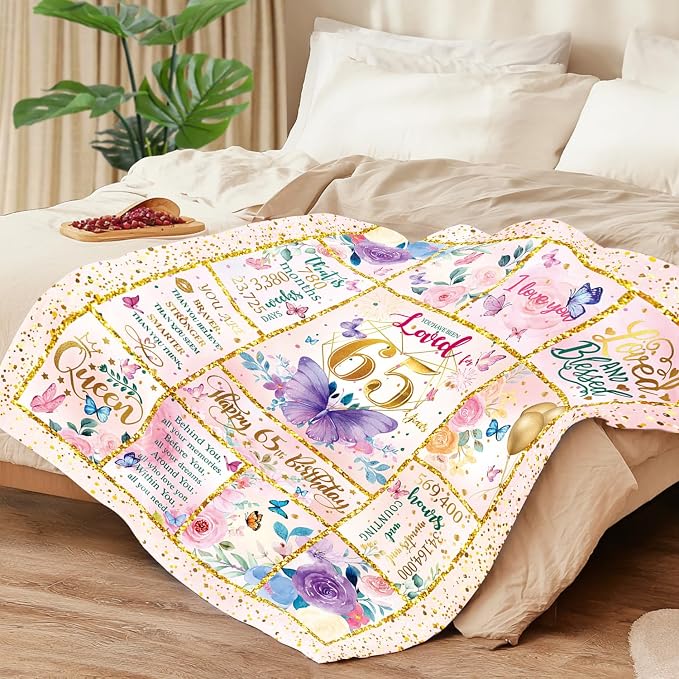65th Birthday Gifts for Her - 65 Year Old Gifts for Women Mom - 65th Milestone Birthdays Blanket -65th Birthday Blanket for Women - Warm Soft Plush Flannel Throw Blankets (80"x60")