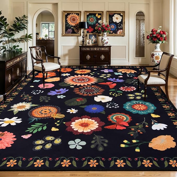 Ciicool Washable 8x10 Area Rugs for Living Room Floral Soft Large Carpet | Non-Slip Indoor Rug for Dining Room Bedroom Nursery Home Office Playroom Carpets Decor