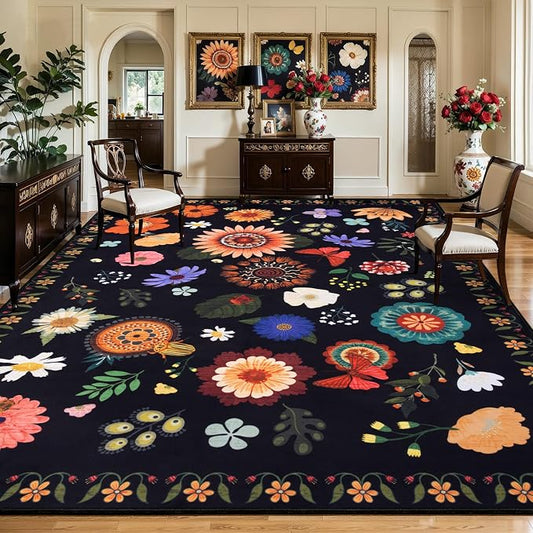 Ciicool Washable 8x10 Area Rugs for Living Room Floral Soft Large Carpet | Non-Slip Indoor Rug for Dining Room Bedroom Nursery Home Office Playroom Carpets Decor