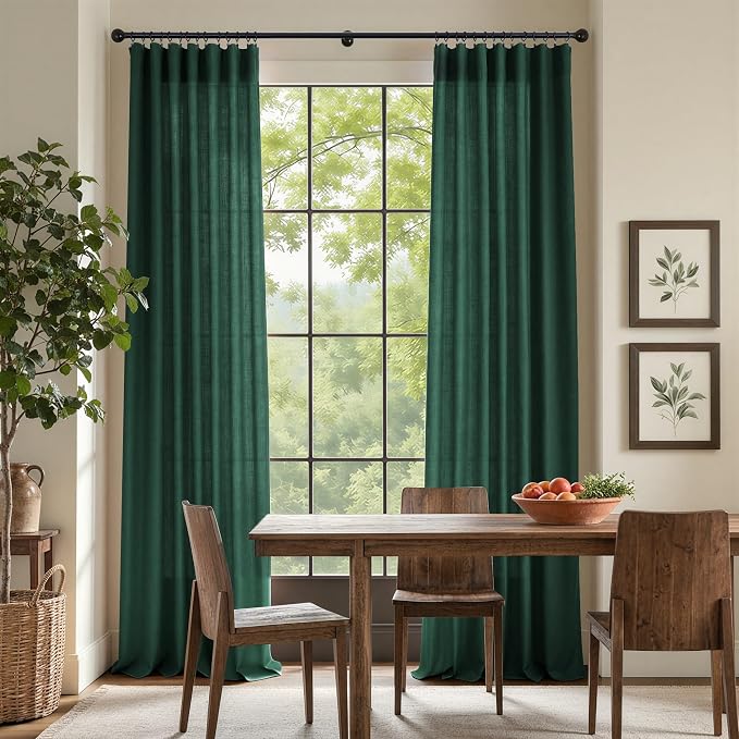 Dark Green Curtains 108 Inches Long for Living Room 2 Panels Back Tab Pocket Semi Sheer Linen Deep Hunter Forest Curtains for Patio Door Aesthetic Academia Decor Christmas Background Cortinas Verdes