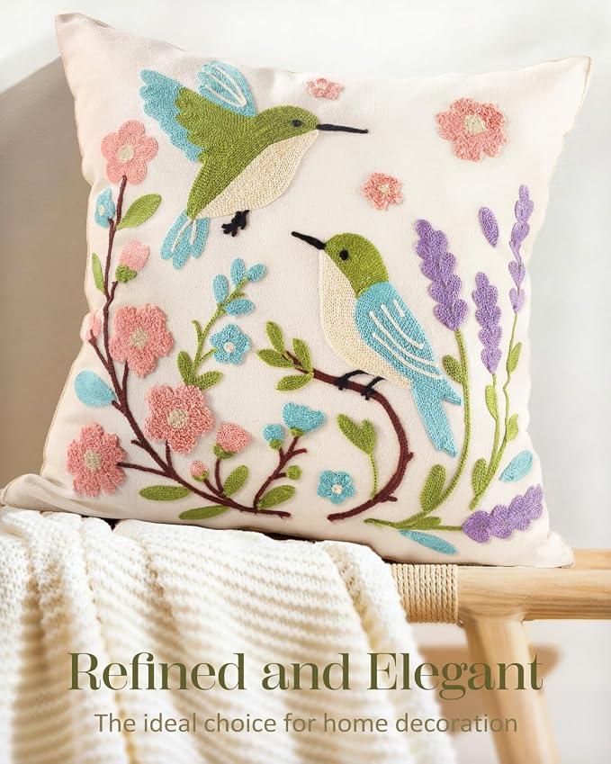 Spring Pillow Cover 18x18 Inch – Embroidered Summer Throw Pillow Cover Flowers Birds Farmhouse Decorative Cushion Case with Hidden Zipper Decoration for Couch, Sofa, Living Room(1 Pack)