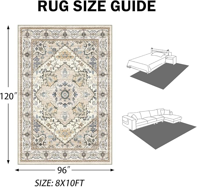 AooHHooA Washable 8x10 Boho Beige Area Rug for Living Room, Soft Stain Resistant Non-Slip Boho Vintage Area Rugs, Large Low Pile Lightweight Area Rugs for Living Room Bedroom Dining Room