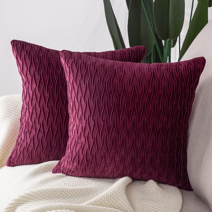 MADIZZ Set of 2 Super Soft Velvet Decorative Throw Pillow Covers 14x14 inch Burgundy Square with Texture Luxury Style Cushion Case Pillow Shell for Sofa Bedroom