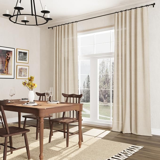 Linen Curtains 102 Inch Length for Living Room Bedroom 2 Panels Set Rod Pocket Light Filtering Semi Sheer Window Curtains 52 Inch Width Boho Farmhouse Drapes Flax Beige Linen, W52xL102