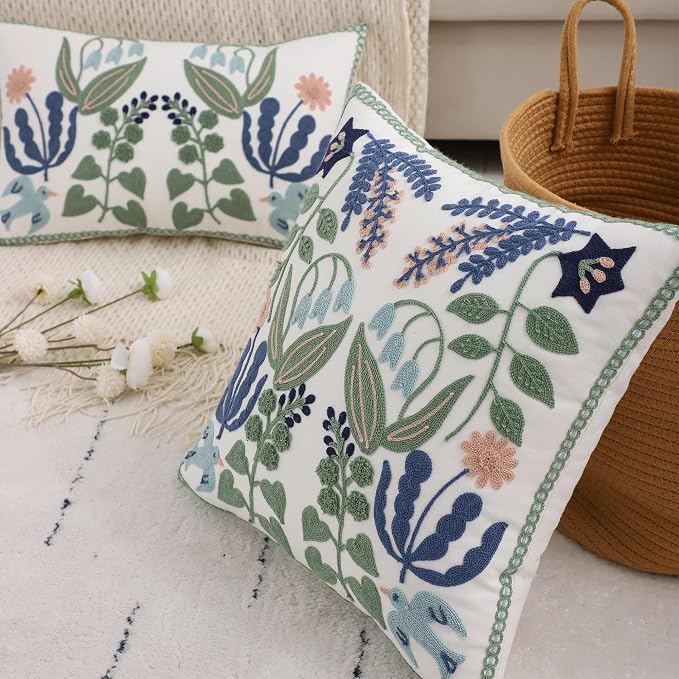 Embroidered Throw Pillow Covers 16x16 inch Set of 2 Blue Birds | Durable Fabric,Square Pillow Cover,Boho Decorative,Hidden Zipper,Aesthetic Design,Ideal Gift,Machine Washable