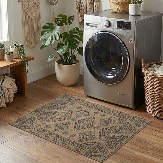 jinchan 2x3 Faux Jute Area Rug Washable Boho Entryway Rug, Natural Charcoal | Southwestern Geometric, Non-Slip, Low Pile, Indoor Outdoor, High-Traffic, Kitchen, Bathroom, Laundry Room, Porch, Balcony