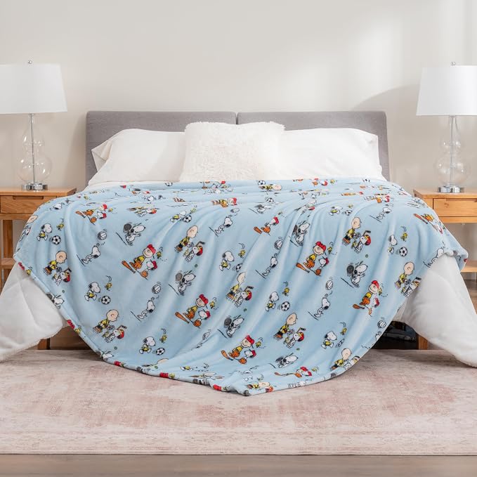 Berkshire Blanket Peanuts® VelvetLoft® Cute Character Snoopy Plush Blanket,Snoopy the Athlete Closed in Blue,Full/Queen 90 in x 90 in (Official Peanuts® Product)