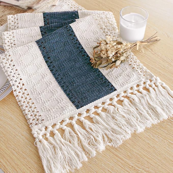 FEXIA Boho Table Runner for Home Decor 12x48 Blue Fall Rustic Decorations | 48 Inches Long with Tassels Macrame Farmhouse Style Party Rustic Wedding Baby Shower Dining Kitchen Living Room Decor