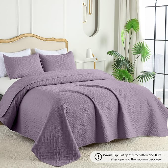 FLYMME Twin Quilt Set,Lightweight Grayish Purple Bedspreads,Basket Weave Pattern,Ultra Soft Microfiber Bedspread Bed Coverlet 2 Pieces for All-Seasons (1 Quilt,1 Shams)
