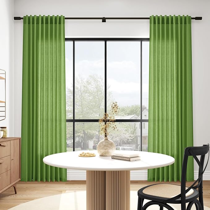 Lime Green Linen Blend Light Filtering Back Tab Curtains 102 Inches Long, Semi Sheer Privacy Drapes for Living Room & Bedroom, 52x102 inch, 2 Panels