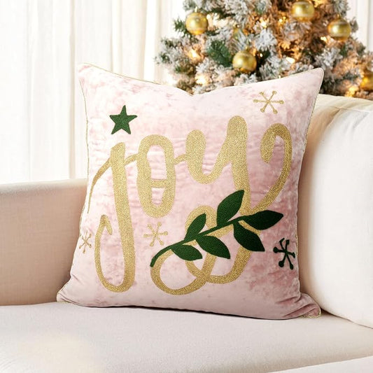 Joy Christmas Pillow Covers 18x18,Embroidered Velvet Christmas Throw Pillow Covers Christmas Decorations Holiday Pillows for Home Couch,Pink Blush/Gold