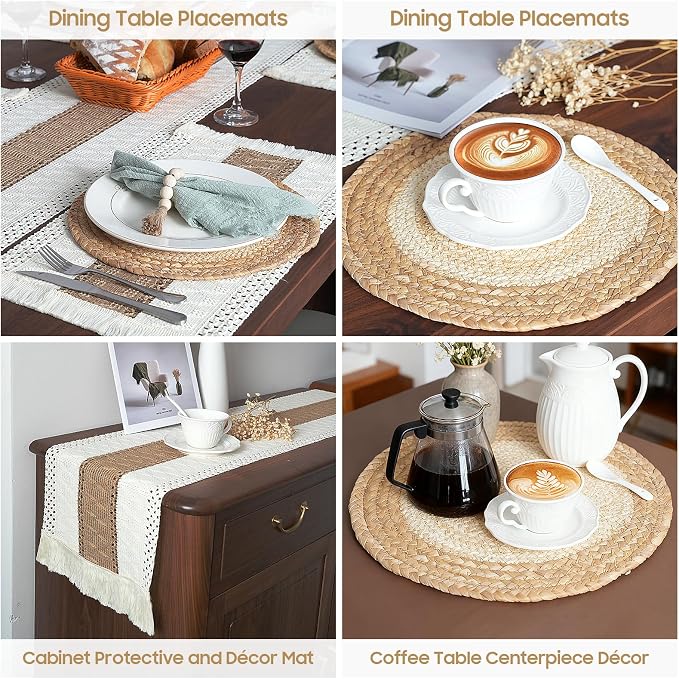Placemats Set of 4 w/Charger Plates Table Mats Table Runner & Napkin Rings | All in One Placemats,Boho Farmhouse Style Heat-Resistant Non-Slip Protective Round Woven Placemats for Dining Table Décor