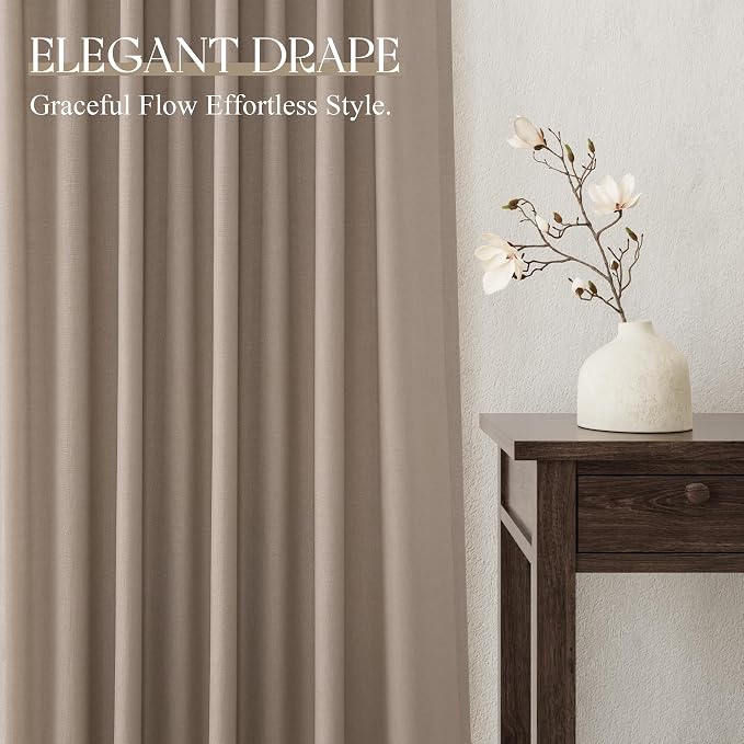 Jowels Dark Taupe Linen Curtains 96 Inch Long 2 Panels for Living Room | Light Filtering Semi Sheer Curtain, Back Tab Pocket Pleated Look, Boho Farmhouse Textured Privacy Drapes for Bedroom Window