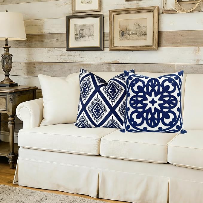 Slow Cow Embroidery Navy Blue Pillow Covers Cushion Covers Invisible Zipper for Living Room 18 x18 Inch