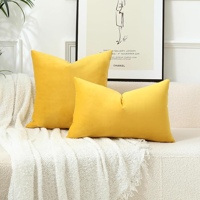 Stellhome Pack of 2 Velvet Pillow Covers Square Decorative Cushion Covers for Bed Couch Sofa Bench, 20 x 20 inch (50 x 50 cm), Yellow