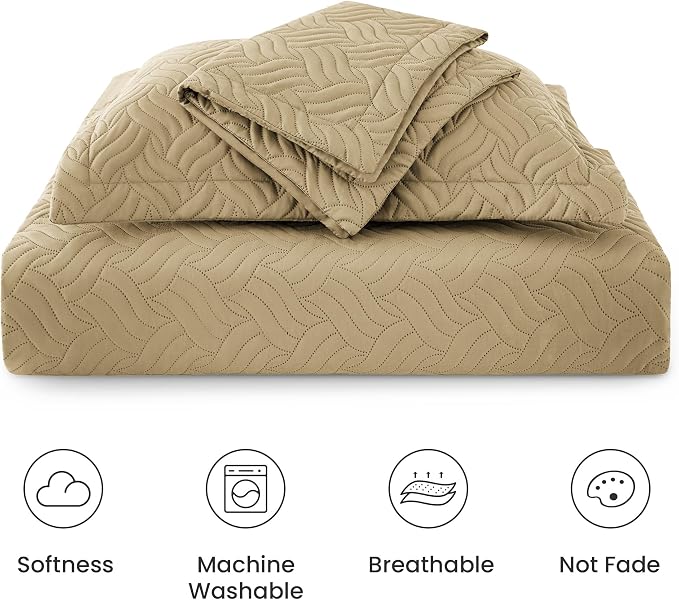 Love's cabin Quilts for Queen Bed Camel Bedspreads Bedding Set - Summer Lightweight Bedspread Comforter - Wave Pattern Bedding Coverlet for All Season - 3 Pieces (1 Quilt, 2 Pillow Shams)