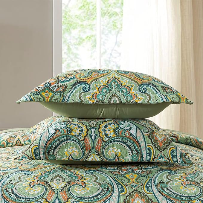 NEWLAKE Cotton Bedspread Quilt Sets - Reversible Patchwork Coverlet Set, European Green Floral Pattern, California King Size