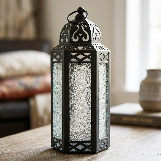 Vela Lanterns Decorative Indoor Moroccan Candle Holder, Clear, M | Ramadan Lantern, Turkish Vintage Lamp, Victorian Hurricane Pillar Holder, Tealight Votive Decor, Hanging, 10.5in Tall