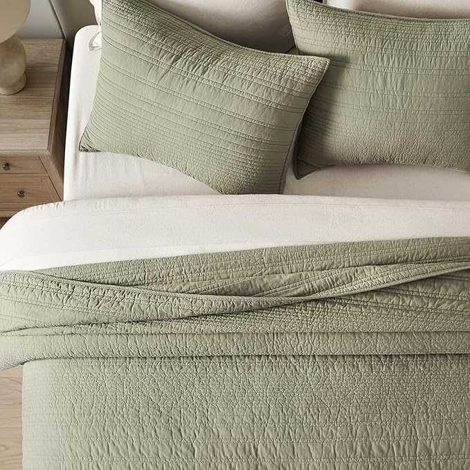 EVERGRACEHOME 100% Cotton Modern Lines Quilt Set King Size, Light Sage | Pre-Washed Soft Cotton, Striped Coverlet Bedspread, 3 Piece Lightweight Bedding Set for All Season, with 2 Pillow Shams