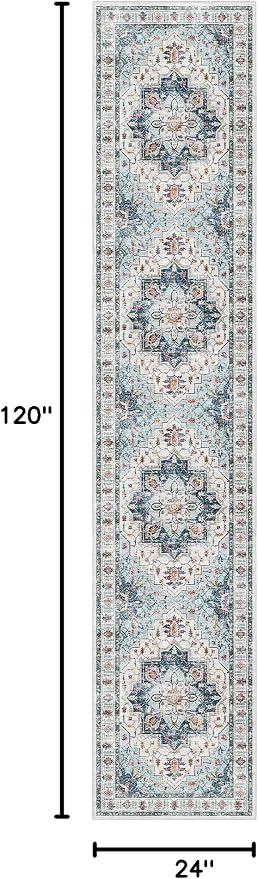 Madane Washable Runner Rugs 2x10 Long for Hallway Kitchen, Blue | Non-Slip Low-Pile 10ft Rug Runners Soft, Stain-Resistant Floor Carpet Mat for Entrance, Living Dining Laundry Room, Stair