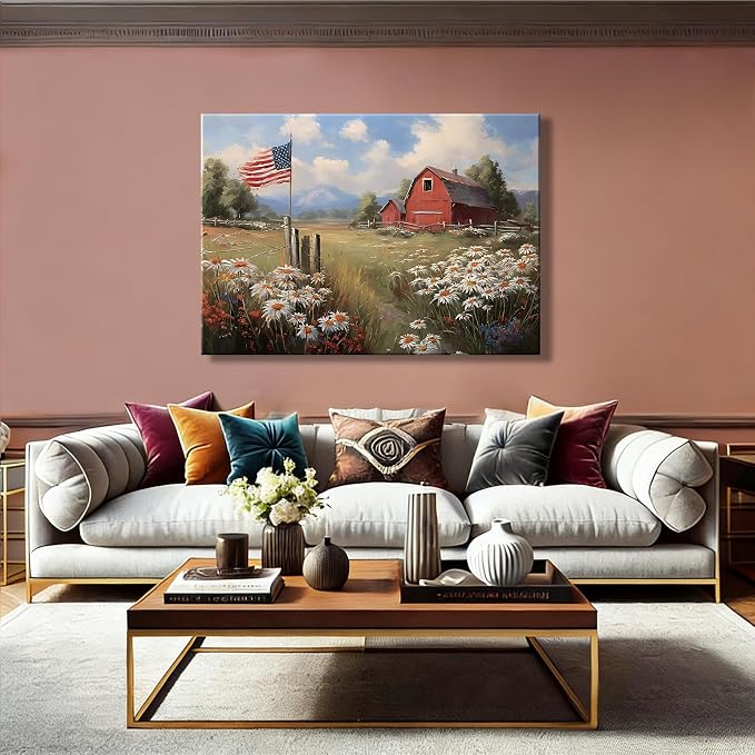 Made in USA Patriotic Red Barn American Flag Wall Art, 4th of July Farm Canvas Prints for Living Room, Rustic Wildflower Framed Artwork for Home Wall Decor, Independence Day Decor