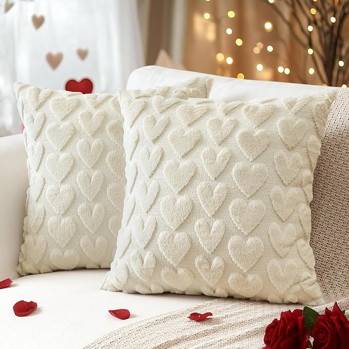 Artscope Valentines Pillow Covers 20x20 Set of 2 Decorative Love Heart Valentines Day Throw Pillow Cases Soft Plush Faux Fur Couch Cushion Case for Holiday Sofa Bed Room Home Decor-Beige Heart