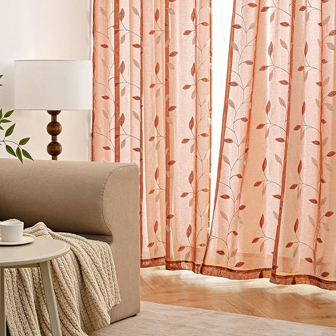 MIULEE Burnt Orange Sheer Fall Curtains 2 Panels Leaf Patterned, W52 x L84 | Embroidered Floral Semi Sheer,Rod Pocket,Faux Linen,Short Window Curtains Drapes Set for Kitchen/Bathroom/Cafe