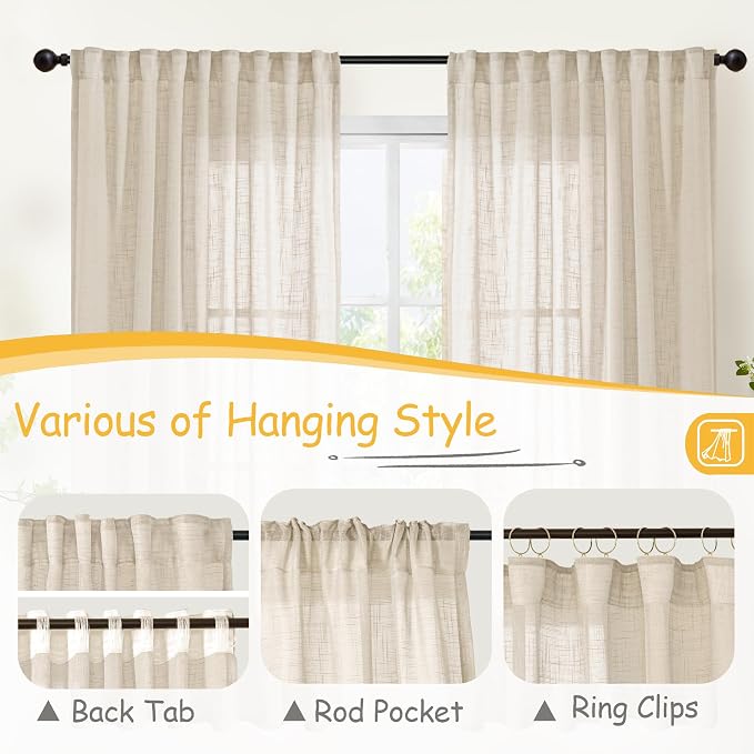 YoungsTex Oatmeal Linen Curtains 90 Inches Long for Living Room - Light Filtering Farmhouse Drapes Natural Semi Sheer with Rod Pocket Back Tab for Bedroom Windows, 2 Panels, 52 X 90 Inch