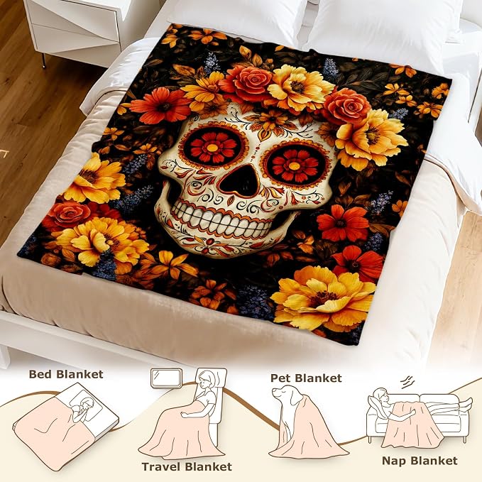 Aimego Sugar Skull Throw Blanket Gifts for Girl Women Halloween Skull Throw Blanket Gothic Skeleton Day of The Dead Blankets and Throws for Couch Sofa Bed for Kids Adult Women(60X80 Inch)