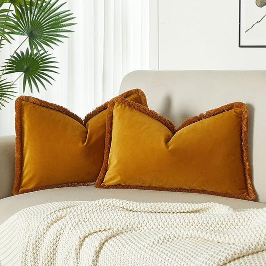 JUSPURBET Mustard Yellow Decorative Lumbar Velvet Fringe Throw Pillow Covers 12x20 Set of 2 Boho Soft Cushion Case for Home Decor Living Room Couch Sofa Bed