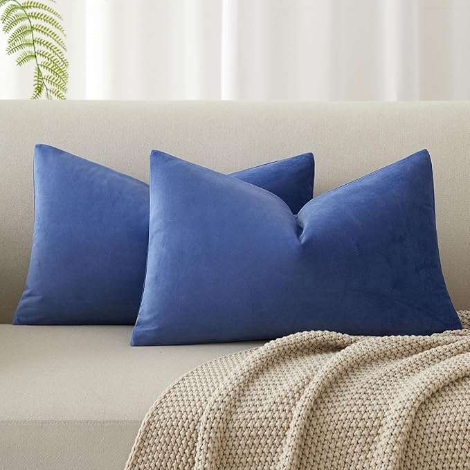 12x20 Lumbar Velvet Throw Pillow Covers Set of 2 for Couch Sofa Bed,Blue