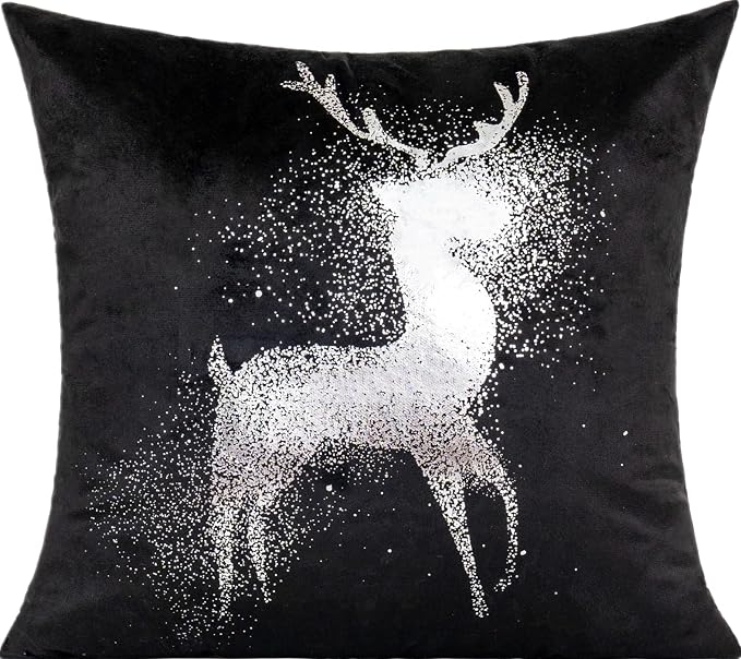 All Smiles Black Silver Christmas Throw Pillow Covers Decorations Cases 18X18 Set of 4 Winter Snowflakes Xmas Indoor Home Décor Velvet Navidad Cushion for Bed Sofa Couch Tree Reindeer