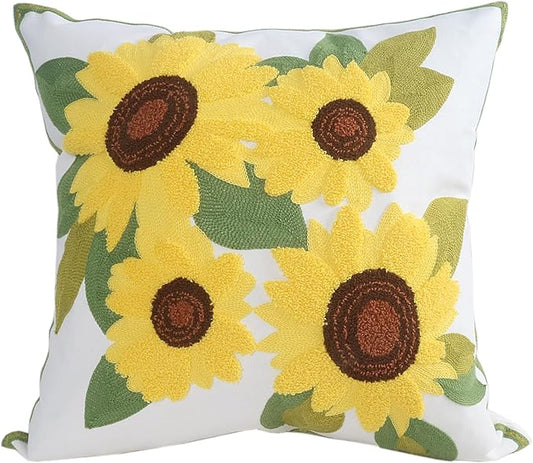 Embroidery Throw Pillow Covers 4 Sunflowers 18x18 Inch Decorative Cushion Case Floral Design 100% Cotton Home Decor Yellow Flowers 45x45cm, 1 Piece