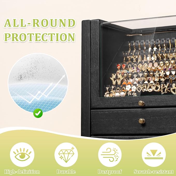 Jewelry Box Organizer, Rustic Wooden Jewelry Boxes for Women Girls, Large Storage Earring Holder Organizer Display for Earrings Necklaces Rings Bracelets (Black)