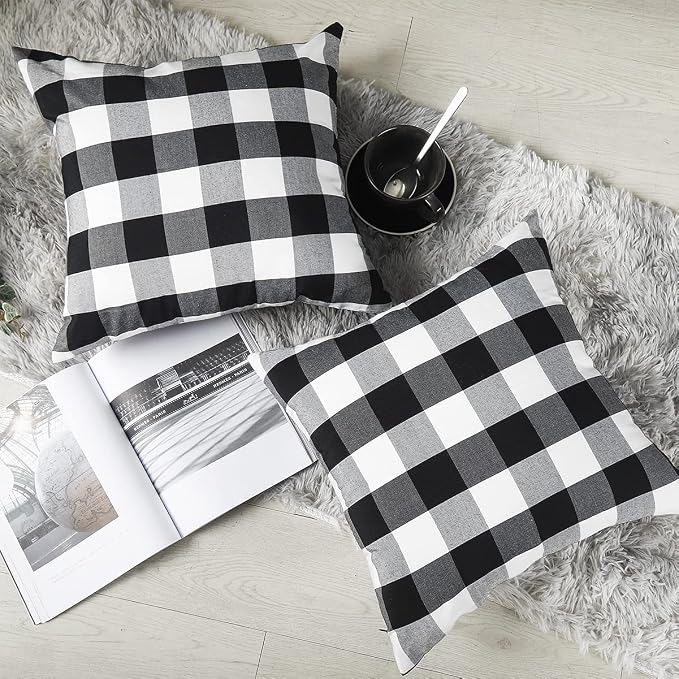 Black and White Buffalo Check Plaid Throw Pillow Covers 18x18 Set of 2 | Soft Black Couch Pillow Covers 18 x 18, Black and White Buffalo Plaid Christmas Pillow Covers Set of 2, Outdoor Porch Pillows