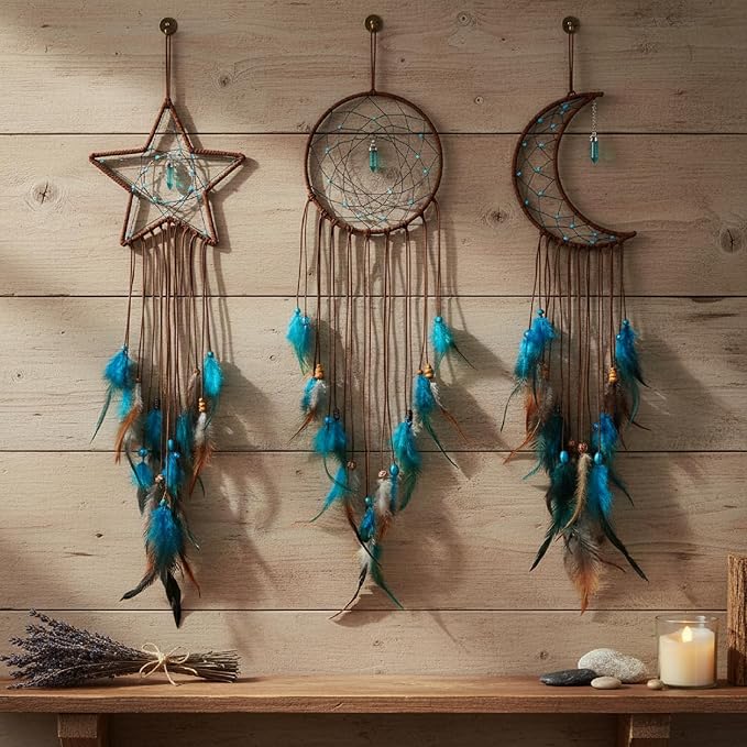 Jetec 3 Pcs Dream Catcher for Girl Star Sun Moon Decor,Dark Blue