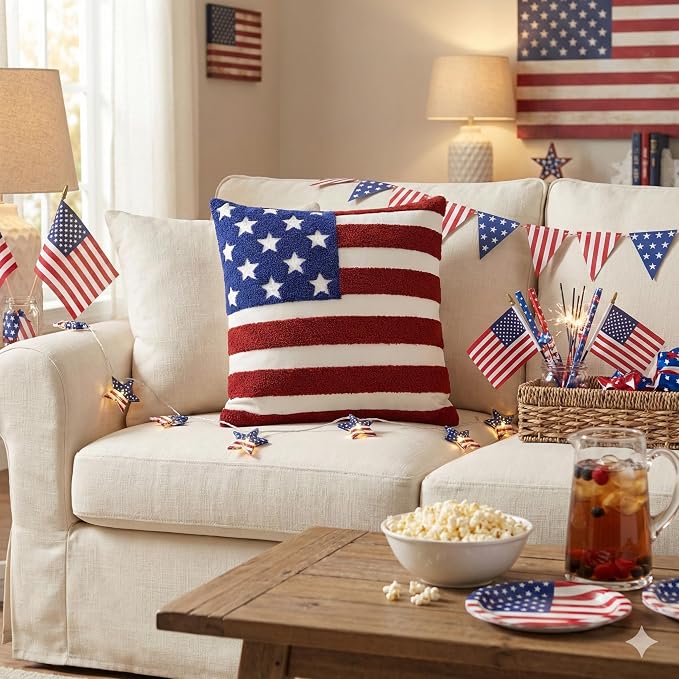 AVOIN colorlife 4th of July Patriotic Embroidered Throw Pillow Covers, 18 x 18 Inch Striped Star Flag Stars Decor Tufted Patterned Linen Cushion Case for Sofa Couch Set of 2