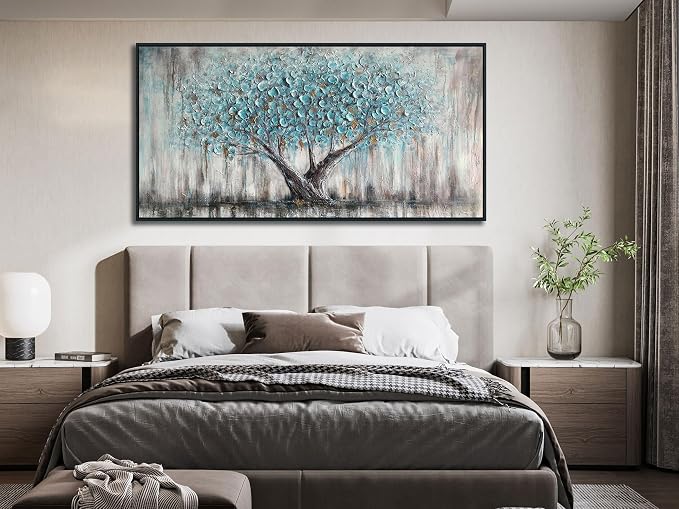 Arjun Framed Blue Tree Canvas Wall Art Large Tree of Life Painting 48"x24" | Living Room Bedroom Teal Hand Painted Textured Painting, Nature Picture Panoramic Landscape Artwork Home Office Wall Decor