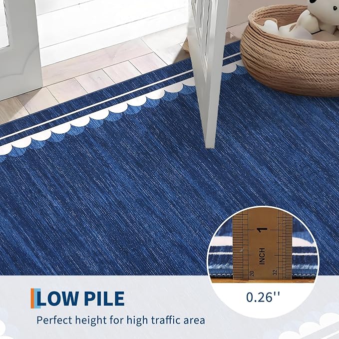 COZYLOOM 5x7 Living Room Rugs Washable Bedroom Rug Non Slip Stain Resistant Modern Bordered Rug Non Shedding Low Pile Carpet Foldable Thin Neutral Mats for Dining Room, Office, Blue