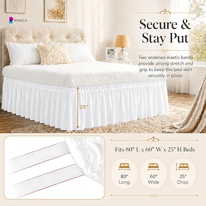 White Bed Skirt Queen Size 25 Inch Drop, Elastic Wrap Around Bedskirt | Solid Ruffled, Easy to Use, No Mattress Lifting, Wrinkle & Fade Resistant, with Adhesive Strips, Machine Wash/Dry/Iron