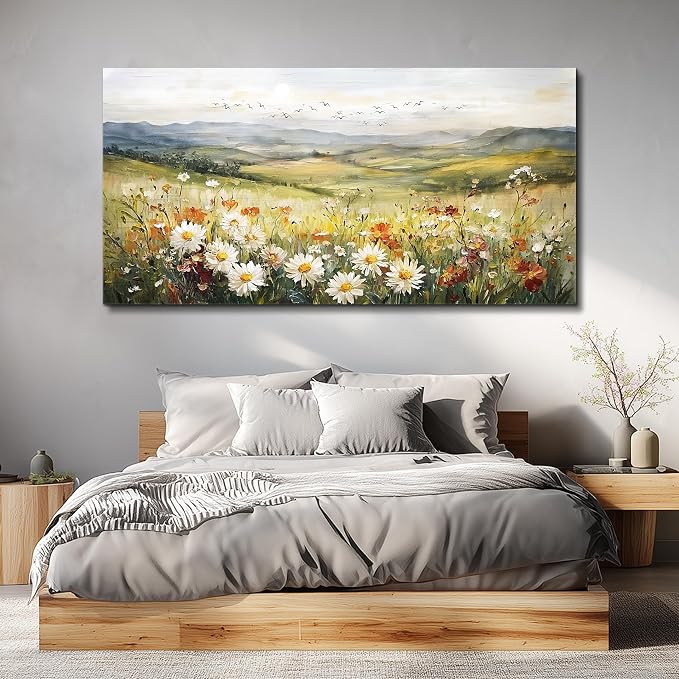 FUHAIHUA Canvas Wall Art For Living Room Large Framed Wall Decor For Office Modern Bedroom Decorations Prairie Flowers Landscape Pictures Farmhouse Paintings Artwork Aesthetic Home Decor 30" x 60"