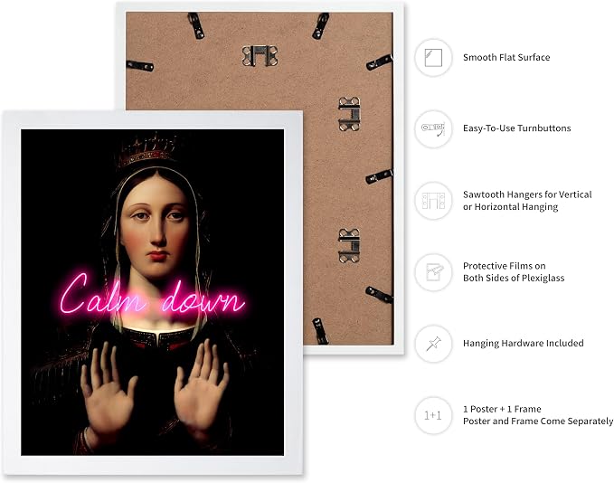 Poster Master Calm Down Print - The Virgin With The Crown Poster - Altered & Pop Art - Housewarming Gift for Men & Women - Chic Decor for Bedroom, Living Room or Dorm - 16x20 White Framed