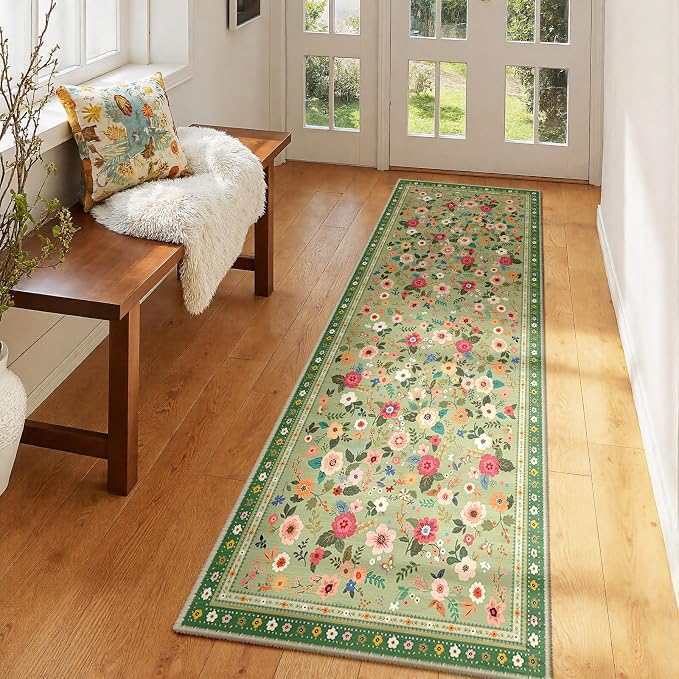Washable Floral Area Rug for Living Room Runner 2x6 Light Green | Non-Slip，Vacuum-Friendly, Low Pile, Flower Carpet for Bedroom Kitchen Entryway Dining Room Office Nursery