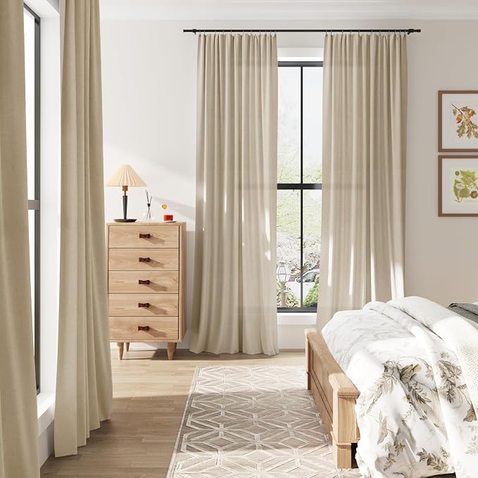 Eggshell Beige Linen Curtains 102 Inches Long Rod Pocket Semi Sheer Dining Room Cozy Bedroom Decor Cotton Look Country Rustic Farmhouse Boho Curtains 2 Panel Set,52x102