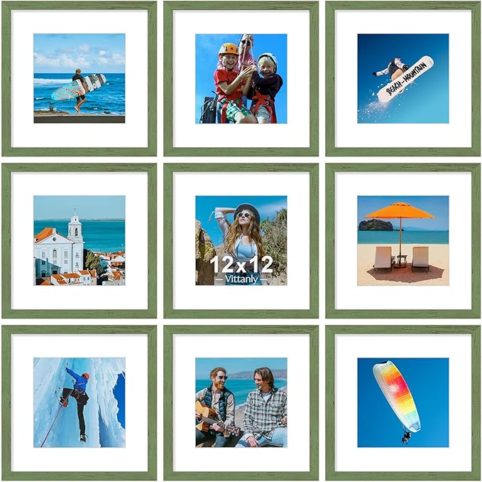Vittanly 12x12 Picture Frames Set of 9 for Wall Mounting, Rustic Green | Display Pictures 8x8 with Mat or 12x12 without Mat for Wall Mounting, Square Photo Frames for Home Decor, Engineered Wood