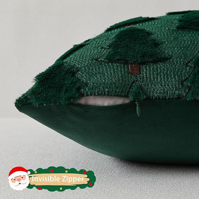 UGASA Christmas Tree Pillow Covers 12x20 Inch Set of 2 Soft Plush Faux Fur Luxury Embroidery Lumbar Cushion Covers for Couch Sofa Holiday Festivals Winter Xmas Gift, Dark Green