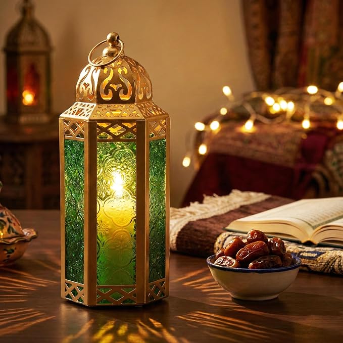 Vela Lanterns Decorative Indoor Moroccan Candle Holder, Gold Green, M | Ramadan Decorations for Home, Green Candle Lantern, Diwali Eid Table Centerpiece, Hanging Tealight Votive Pillar, 10.5in