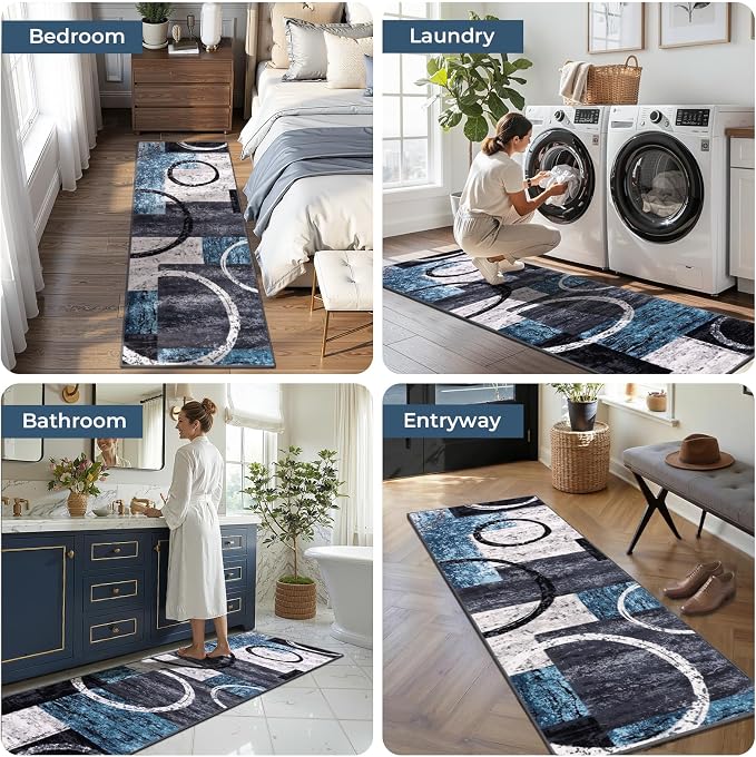Yamaziot 2x10 Washable Modern Abstract Runner Rug Non-Slip for Hallways | Stain Resistant Kitchen Rug with Rubber Backing, Low Pile, Ultra Soft Carpet Runner for Bedroom, Laundry, Entryway, Blue