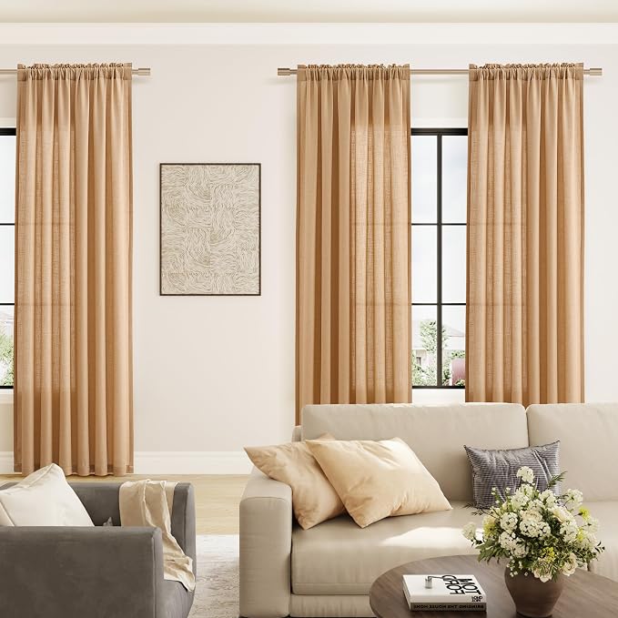 Camel Brown Linen Curtains 108 Inches Long 2 Panel Set Rod Pocket Semi Sheer Dining Room Cozy Bedroom Decor Cotton Look Country Rustic Farmhouse Boho Curtains 52x108
